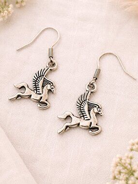 Silver Pegasus Winged Horse Dangle Earrings Mythical Fantasy Jewelry
